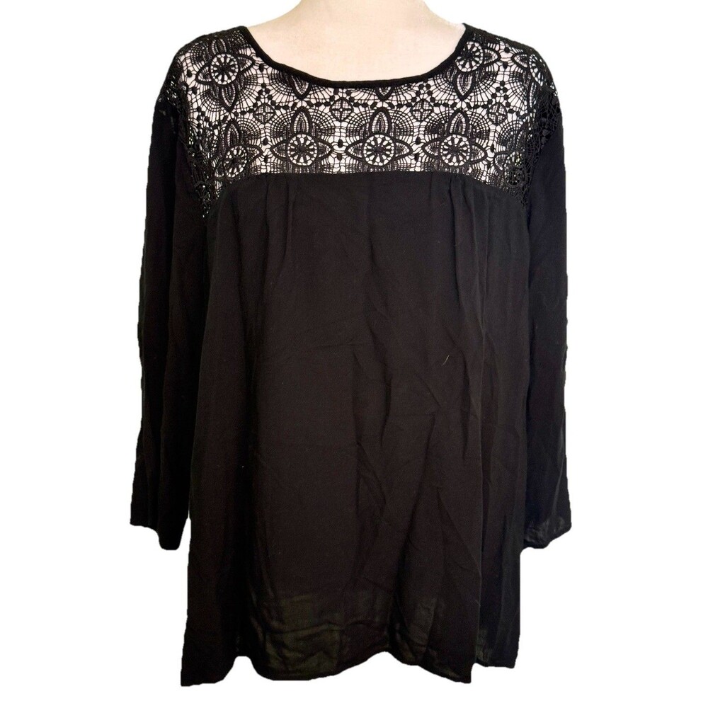 Women Black Lace Yoke Tunic Top Flowy Relaxed Fit Romantic Goth Size 2XL